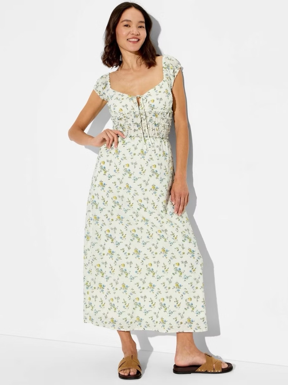 wild fable White Floral Square-Neck Maxi Dress with Green and Yellow Print